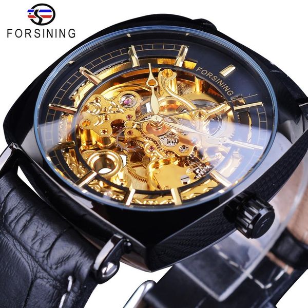 Forsining Mens Golden Gear Movimento Nero Quadrante quadrato unico Orologi da polso meccanici scheletrati da uomo Orologio maschile di lusso delle migliori marche231T