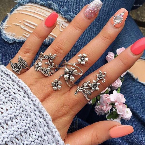 Hochzeit Ringe Mode Große Blume Ring Set Für Frauen Knuckle Bague Femme 2023 Böhmischen Antiken Vintage-Schmuck