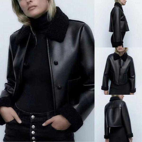Kadın ceketleri Özel deri ceket bayanlar kış siyah çift taraflı kısa sahte kadın petite yün kat