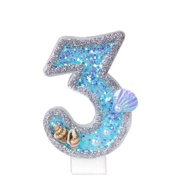 Candela profumata 1 pezzo Conchiglia blu Glitter Numero 0-9 Candele felici Toppers per torta Torte digitali per matrimonio Dessert Decorazione di compleanno