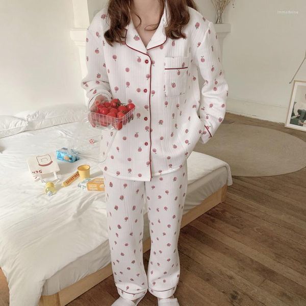 Damen-Nachtwäsche, japanischer Winter-Luft-Baumwoll-Pyjama-Set, warme Pfirsich-Hauskleidung, süße Langarm-Verdickung, weiße Hose, Pijamas L749