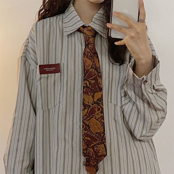 Damenblusen, Hemden, HOUZHOU Vintage-gestreifte Hemden mit Krawatte, übergroße Langarm-Bluse im japanischen Stil, Damen-Ästhetische Kleidung, Hippie-Herbstmode, 230302
