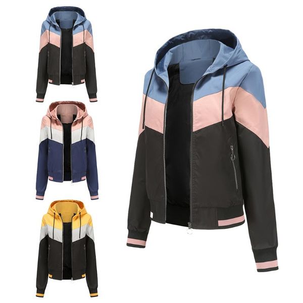 Jackets femininos 2023 Spring Autumn Women Windbreak Color Patchwork Jacket com capô de rua casual