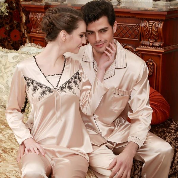 Женская одежда для сна и женская имитация шелковой шелк с длинным рукавом пижамы для взрослых 2pcs ночной рубаш