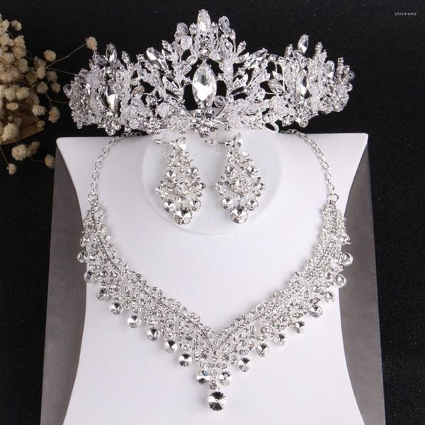 Collana Orecchini Set Perline di cristallo di lusso barocco Strass da sposa Diademi Corona Matrimonio Gioielli per capelli africani