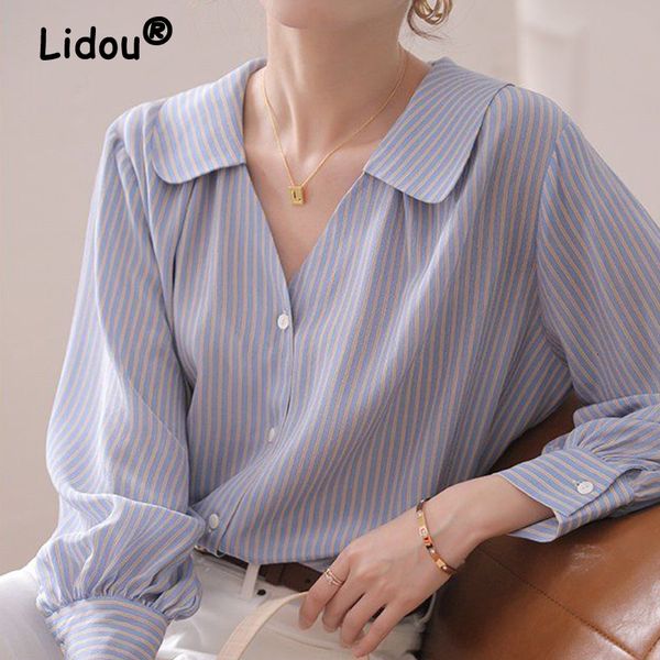 Blouses feminina camisas da primavera de moda de moda do verão azul listrado blusa de manga comprida Camisa casual solteira de estilo coreano