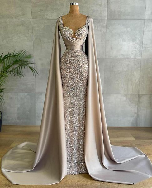 Party Kleider Arabisch Glitter Pailletten Abend Lange Luxus 2023 Promi Mit Cape Geraffte Schatz Prom Frauen Kleider Robe 230301