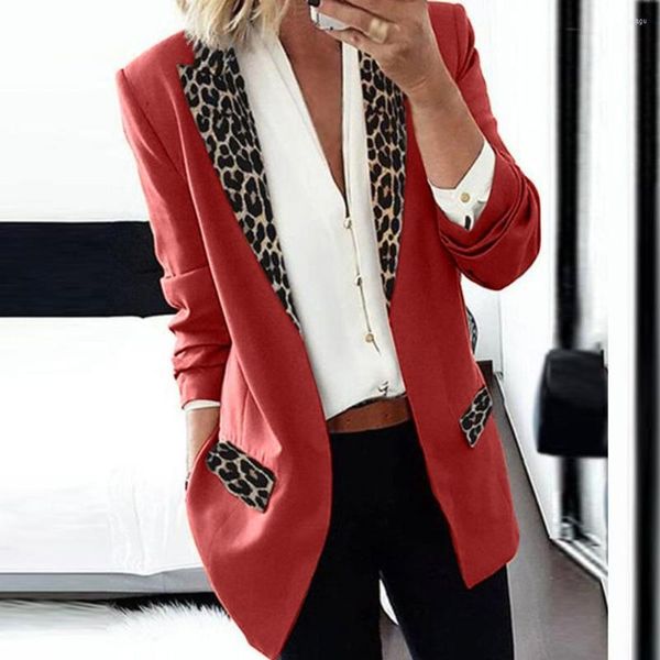 Kadınlar Şık Ofis Lady Style Leopar Dikiş Baskı Ceket Blazer Suit Rüzgar Geçirmez Düzenli Uzunluk