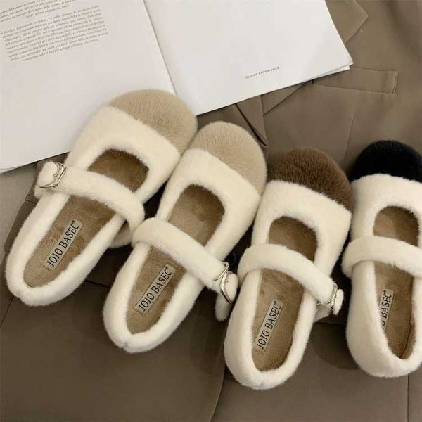 Scarpe eleganti Vera pelliccia di coniglio Calde ballerine Donna Coreano Cinturino con fibbia Mocassini Accogliente Punta tonda Inverno Peluche Scarpe da neve Mocassini antiscivolo L230302