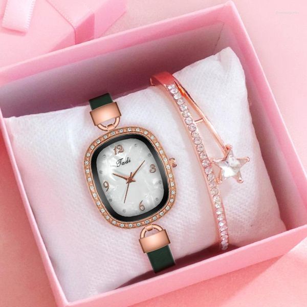 Orologi da polso Orologi da polso da donna Set Casual Elegante in pelle Ovale Perla Conchiglia Quadrante Orologio con strass Orologio al quarzo regalo Relogio Feminino