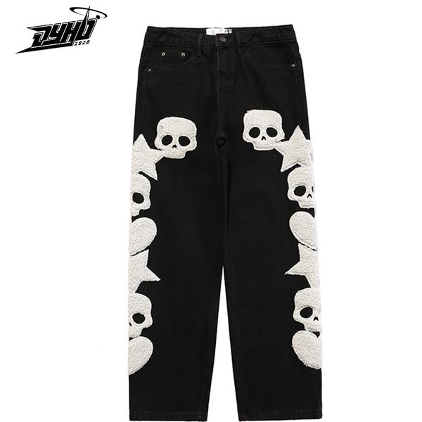 Jeans da uomo Vintage Pocket Skull Ricamo Pantaloni cargo dritti Uomini e donne Jeans oversize Pantaloni Harajuku Streetwear Pantaloni denim 230302