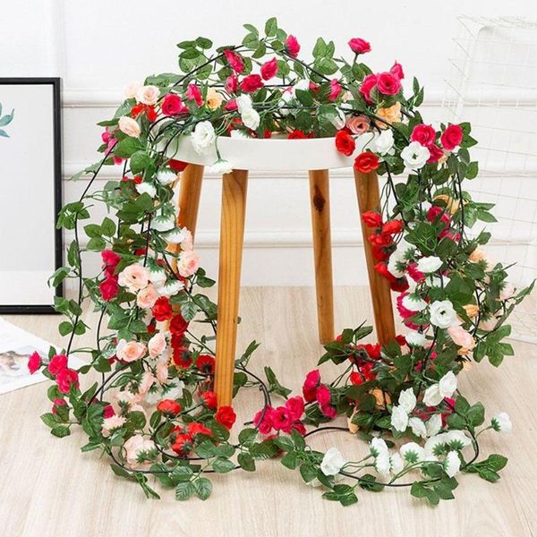 Flores decorativas de decoração caseira casamento ornamento Diy Folhas verdes folhas prolongadas rosa videira artificial parede de guirlanda pendurada