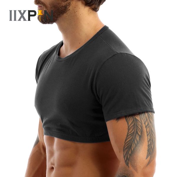 Männer T-Shirts Herren Casual Crop Tops Sport Weste Kurzarm Basic Pullover Sexy Exposed Nabel Schweiß absorbierende Atmungsaktive Männer Unterwäsche 230302