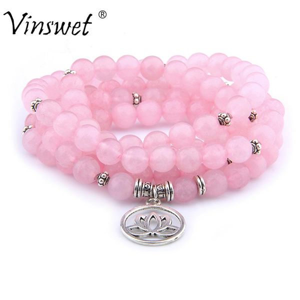 Strang Trendiges natürliches rosa Chalcedon-Stein-Yoga-Armband für Frauen Mala Lotus Buddha 108 Gebetsperlen oder Halskette Schmuck Perlenstränge