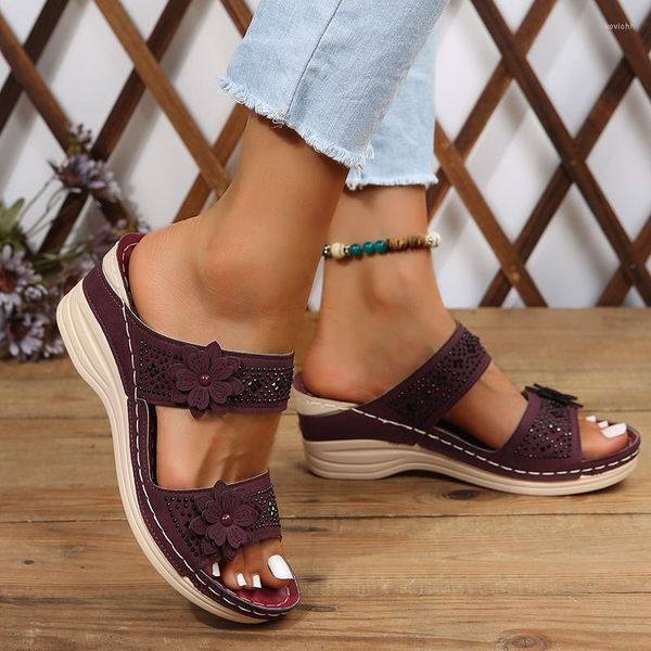 Kleid Schuhe 2023 Sommer Frauen Hausschuhe Plus Größe Frauen Retro Römische Sandalen PU Casual Blume Keil Plattform