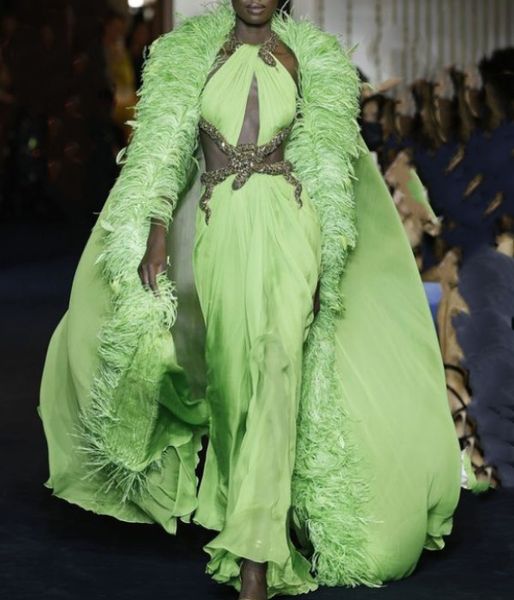Model, 2023'te Zuhair Murad Brand'ın son lansmanında, elmaslarla dekore edilmiş yeşil bir gece elbisesi ve dışarıda tüylü bir pelerin giydi.
