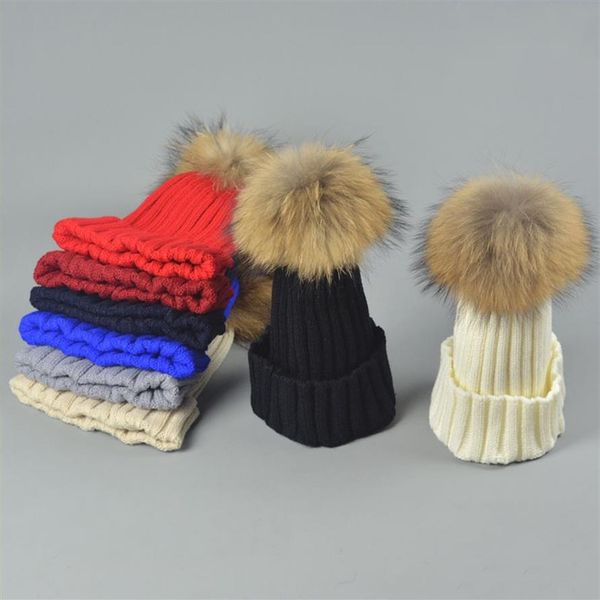 Простая зима шляпа мех racoor Dog Ball Мужчины дети вязаные шапочки для ребра
