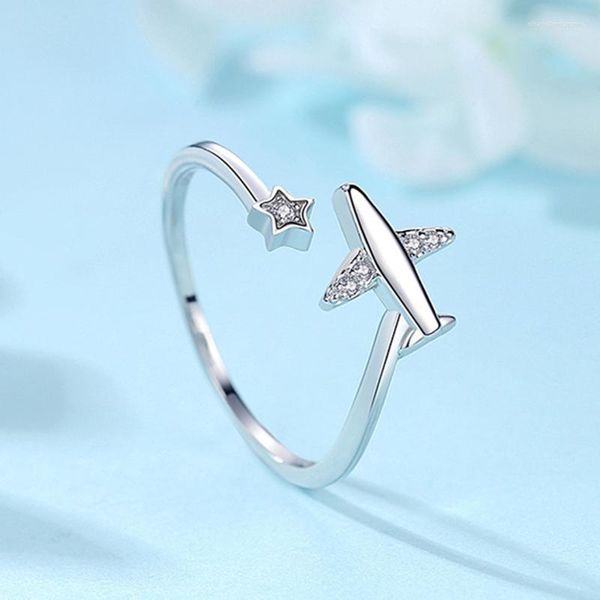 Cluster Ringe Damen Silber Farbe Stern Kleines Flugzeug Öffnung Verstellbarer Ring Frischer Schmuck Geschenk J01175