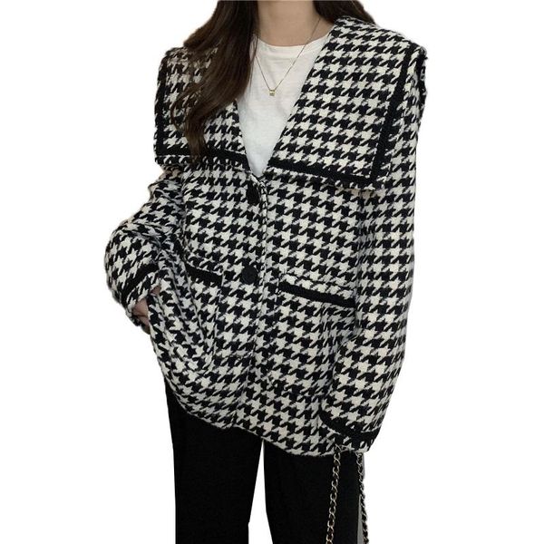 Cappotto da donna in misto lana Giacca scozzese Autunno Inverno Misto lana Moda Mid-Lungo monopetto scozzese bianco e nero