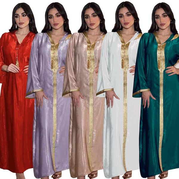 Abbigliamento etnico Musulmano Medio Oriente Donne Pizzo Pelle Scamosciata Indonesia Caftano Tradizionale Africano Islamico Ramadan Robe Abito Con Cappuccio AB034Etnico