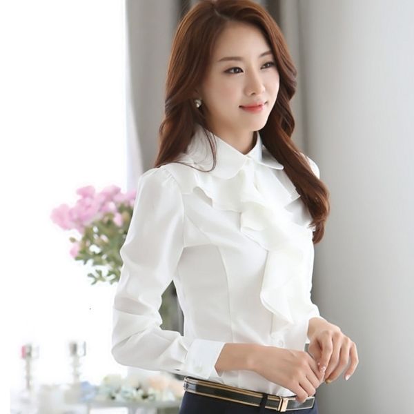 Женские блузкие рубашки Блузя Женщины дрожь белая рубашка женская шифоновая рубашка с длинными рукавами
