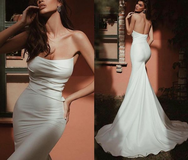 Abiti da sposa a sirena in raso semplice Abiti da sposa a tromba senza spalline Abiti da sposa sexy senza schienale Abito chic Robe De Mariee