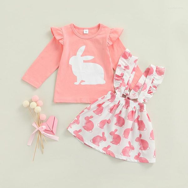FOCUSNORM 2-teiliges Oster-Outfit für kleine Mädchen, 0–5 Jahre, süßer Stil, bedruckt, langärmelig, Pulover-Oberteil, Hosenträgerrock, Kleidungsset