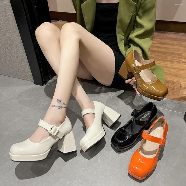 Scarpe eleganti PU Mary Janes Décolleté Donna Primavera Punk Tacco spesso Moda Bianco Nero Rosso Arancione Caffè Party Punta quadrata Tacchi piattaforma