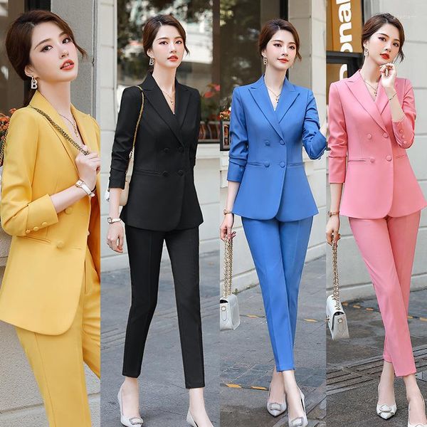 Damen Zweiteilige Hosen Frühling Herbst Stil Mode Uniformen Business Slim Büro Rosa Anzug Frauen Blazer Set mit Hose Arbeitskleidung 2