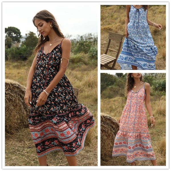 Abiti casual 2023 Estate Bohemian Senza maniche lunghe Stampa etnica da donna Boho Pieghettato Caftano Tunica Party Holiday Maxi Vestito estivo Vestidos