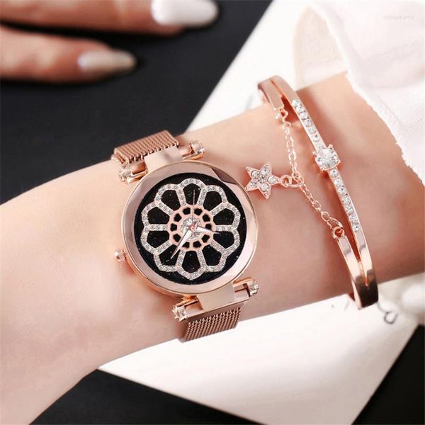 Avanadores de pulso Mulheres de luxo relógios Bracelet Set Starry Sky Ladies Watch Mesh Band Quartz Wristwatch relógio Relógio Feminino 2023