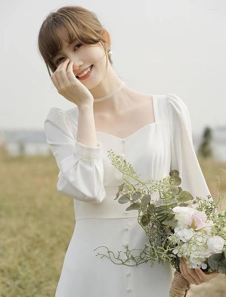 Hochzeitskleid Schatz Elegant Weiß 2023 Satin Quadratischer Kragen Reißverschluss A-Linie Brautkleid Party für Frauen