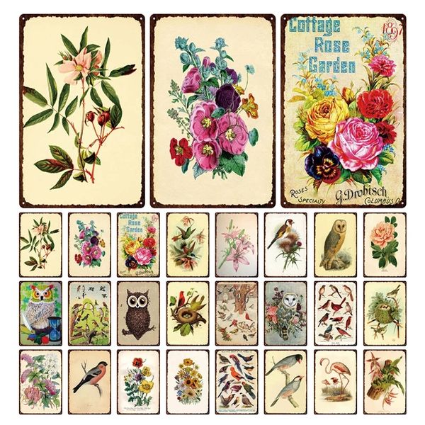 Aquarell Garten Schöne Blume Vogel Blechschild Plakette Floral Metallschild Retro Wandkunst Retro Poster Heimdekoration Eisenmalerei 30X20cm W03