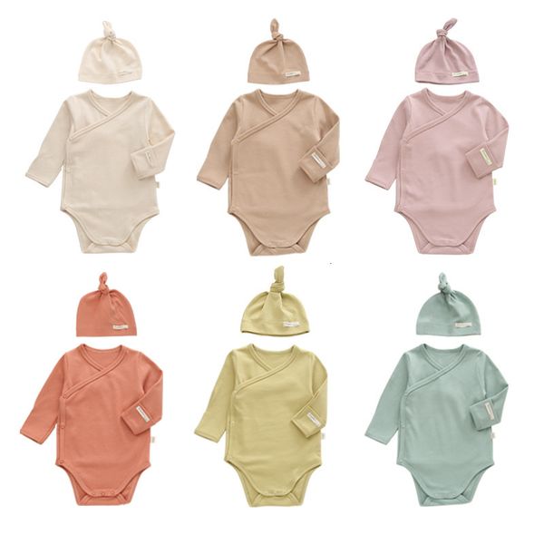 Tute Autunno Abbigliamento per bambini Manica lunga Pagliaccetto Cappello 2 pezzi Completo Tuta solida nati Ragazze Ragazzi Pagliaccetto Tuta Baby Kimono 230303