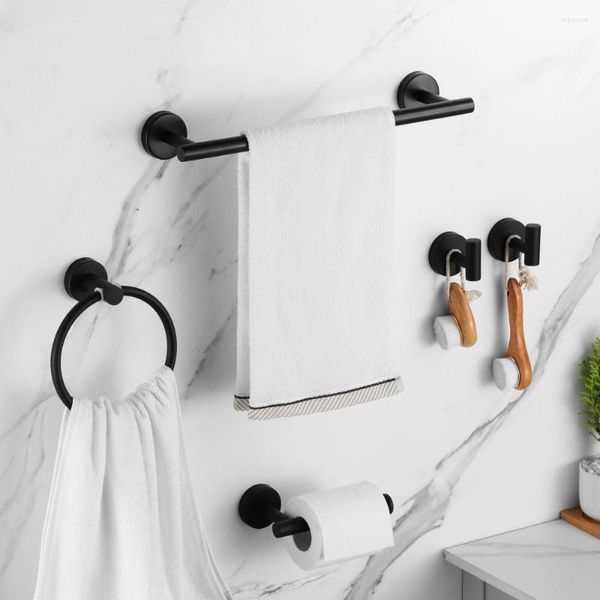 Set di accessori per il bagno Montaggio a parete Hardware per il bagno nero opaco Portarotolo in acciaio inossidabile Gancio per portasciugamani Anello Accessori moderni