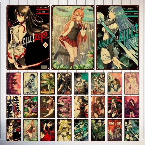 Poster di animazione giapponese retrò Targa in metallo in metallo Poster anime Vintage Akame Ga Kill Immagine Poster in metallo Piastra artistica da parete Decorazione della stanza del club Dimensioni personalizzate 30X20 w01