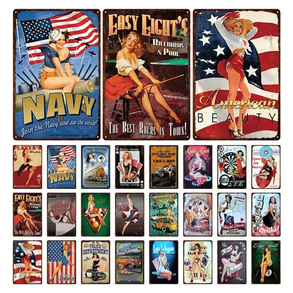 American Beauty Pin Up Girl Retrato Retro Tin Sign Poster Rainha das Espades Girl Vintage Picture Plate Decor Plate Plate 30x20cm W03