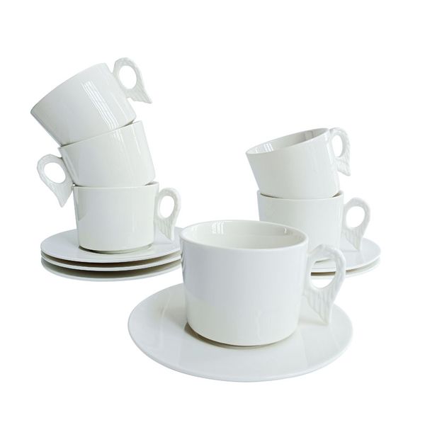 Copos de café de asa de anjo branco e pires de 6 bebidas de porcelana para cappuccino com leite 8 oz