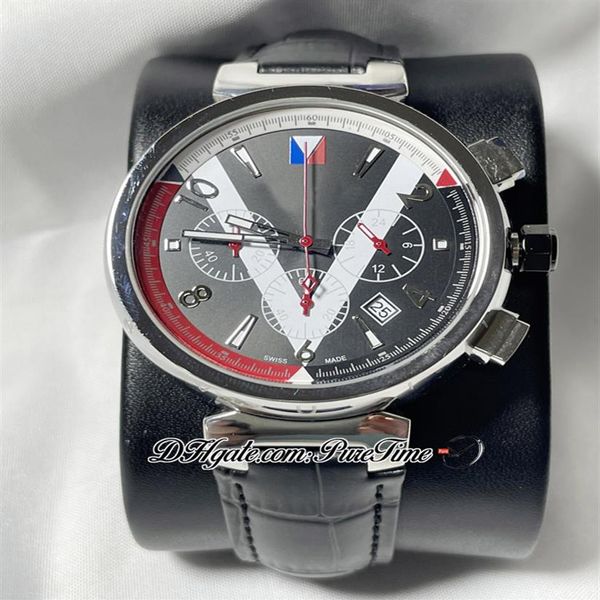 Новая стальная корпус черный белый V Dial Japan Quartz Chronograph Mens Watch Black Leather Strap Gents Watches Spectwatch Puretime F04A1202G