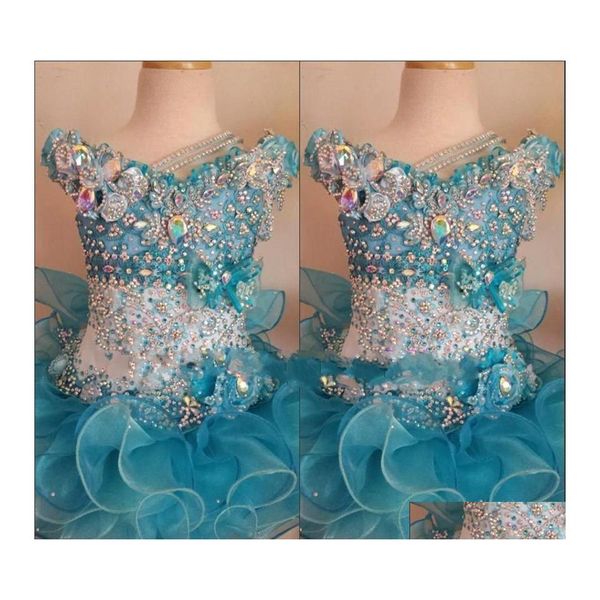 Araba DVR Kızının Pageant Elbiseleri Güzel Organza V Boyun Mini Glitz Kızlar Boncuklu Rhinestones Pi Cupcake Hunter Beyaz Küçük Çiçek Kız Del Del Dhygr