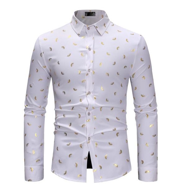 Camisas casuais masculinas Moda de ouro brilhante camisa impressa masculina 2023 marca slim fit manga longa vestido masculino white white