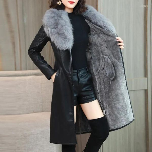 Cappotto invernale in pelle da donna Colletto in pelliccia sintetica da donna Foderato in peluche Velluto caldo Cintura sottile Capispalla lungo femminile Teddy