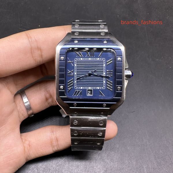 Relógio de aço inoxidável de prata Relógio de face azul quadrada de tampa de alta qualidade relógio mecânico automático