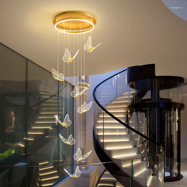 Lâmpadas pendentes Stair Candelier Villa Sala de estar criativa Butterfly Art Loft pendurado na escada nórdica Gire LED Light Dimmable Lights