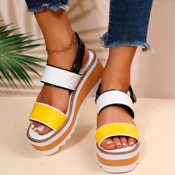 Sandali Donna Hook Loop Platform Zeppa Open Toe Décolleté Lady Block Heel PU Leather Summer Outdoor Fashion Casual Plus Size Sandalo