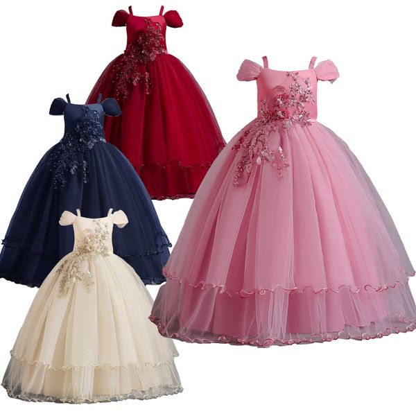 Mädchenkleider Elegantes Blumenmädchenkleid Kinder Kinder Hochzeit Brautjungfer Partykleider Schulterfrei Tüll Prinzessin Maxi Ballkleider Kleider