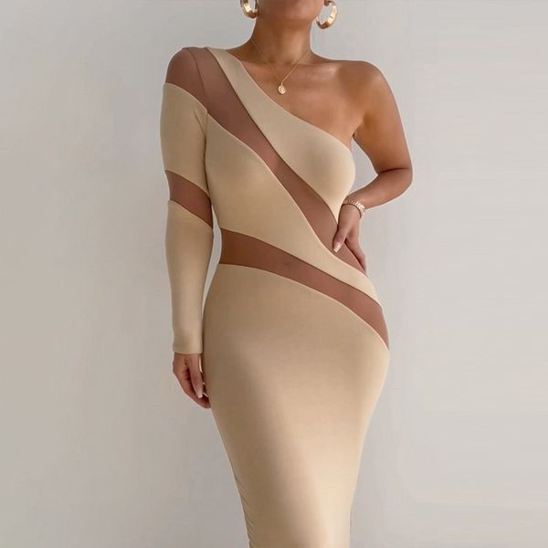 Mesh Patchwork Mii Elbise Kadınlar için Boyun Robe Sonbahar Yeni Bir Kollu Backless Bodycon Uzun Elbise Bestido