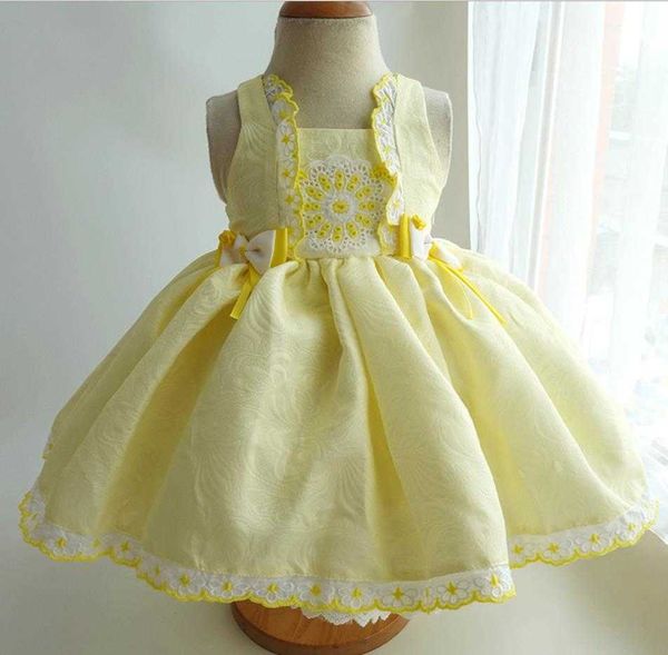 Vestidos da menina vintage laço amarelo princesa espanhol turquia vestido de baile arco sem mangas vestido de festa de aniversário para crianças