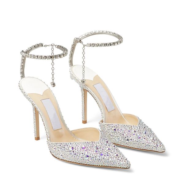 Frauen Sexy Kristall dekorative hochhackige Sandale spitze Zehen Strass -verkrustete Riemenspule Absätze Himmelhoher Absatz für Frauen Sommer Luxus Designer Schuhe Größe 35--42