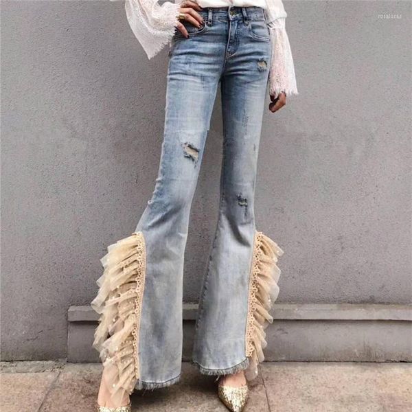 Jeans femininos Spring Autumn Flue Flare Women Side dividido de trabalho pesado de renda com contas magras